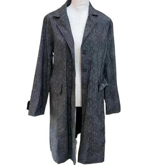 Vintage 1980s-90s Black & Gray Snake-Reptile Print Trench Coat - Picture 5 of 11